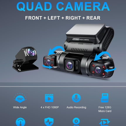 PRUVEEO 360 Degree View Dash Camera for Cars, Built-in GPS, WiFi, Night Vision, 24/7 Recording Parking Mode Monitor, Free 128G Card