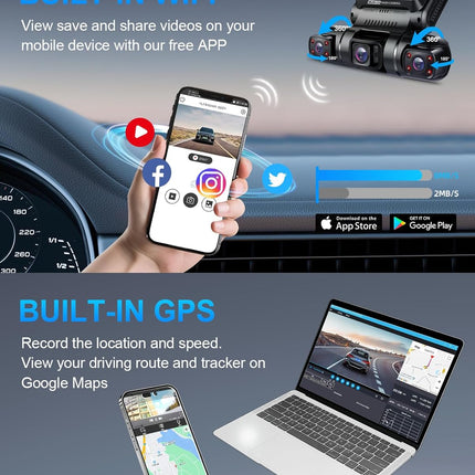 PRUVEEO 360 Degree View Dash Camera for Cars, Built-in GPS, WiFi, Night Vision, 24/7 Recording Parking Mode Monitor, Free 128G Card