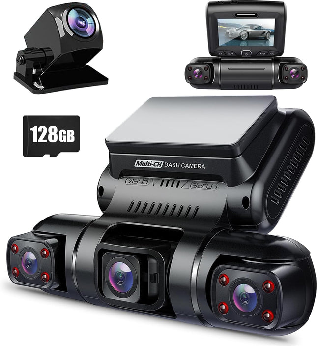 PRUVEEO 360 Degree View Dash Camera for Cars, Built-in GPS, WiFi, Night Vision, 24/7 Recording Parking Mode Monitor, Free 128G Card