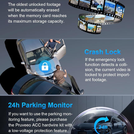 PRUVEEO 360 Degree View Dash Camera for Cars, Built-in GPS, WiFi, Night Vision, 24/7 Recording Parking Mode Monitor, Free 128G Card